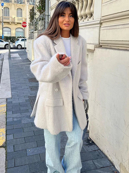 Furry Woolen Oversize Blazer Coat Women Turn-down Collar Button Up Thicken Warm Outwear Winter Long Sleeve Jacket Tops