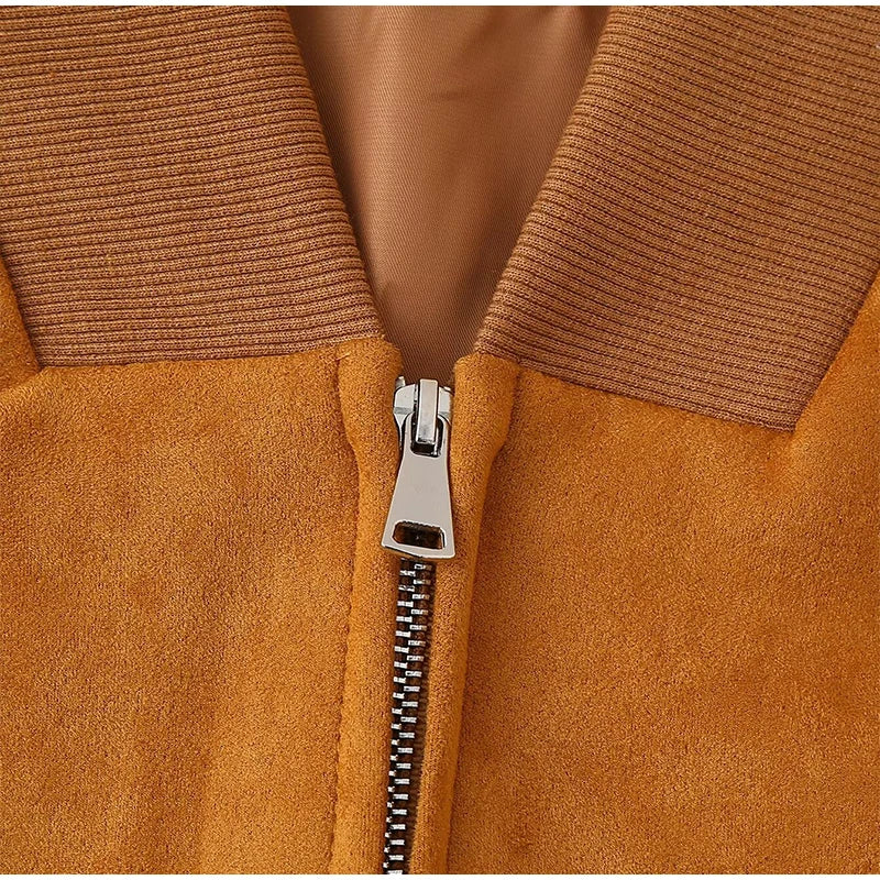 Women Patchwork Suede Jackets Long Sleeve Pocket Zipped Stand Coats 2024 Autumn Winter New Fashion Commuting Top Outerwears