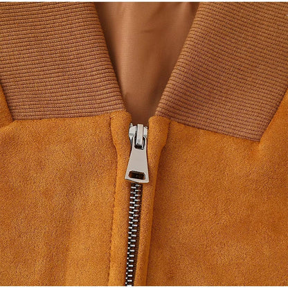 Women Patchwork Suede Jackets Long Sleeve Pocket Zipped Stand Coats 2024 Autumn Winter New Fashion Commuting Top Outerwears