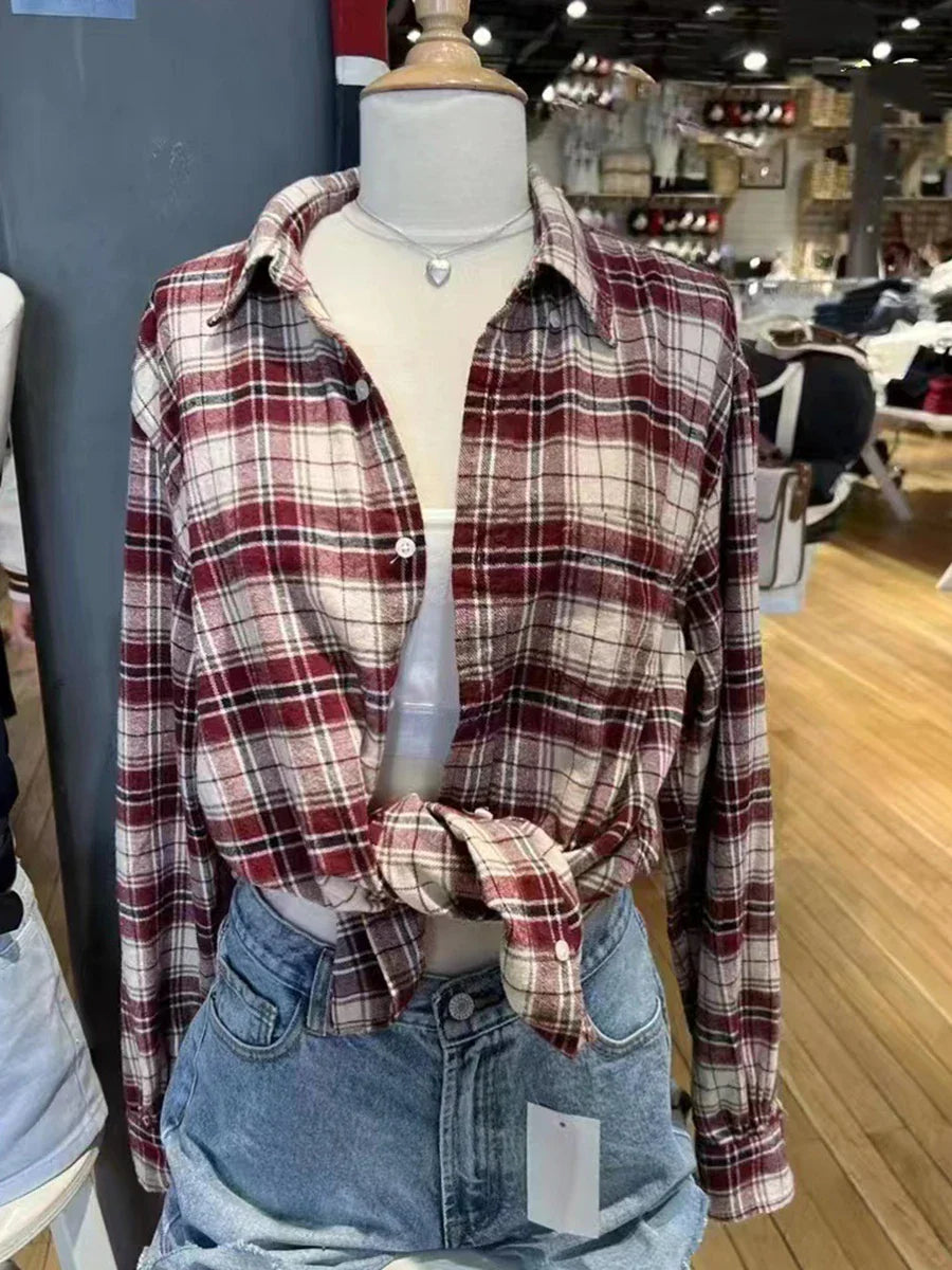 Vintage Red Plaid Button Blouse Top Autumn Cotton Turn Down Collar Casual Long Sleeve Shirt Streetwear Loose Y2K Tees Coat Women