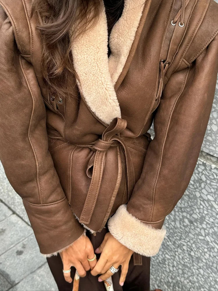 Fashion Warm Furry Leather Woman Jacket With Belt Chic Lapel Long Sleeve Motorcycle Coat Lady 2024 Winter High Street Outerwear