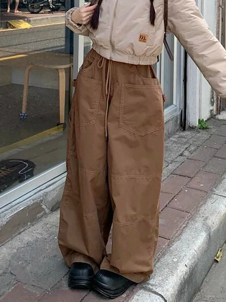 Women Plain Spliced Wide Leg Cargo Pants Big Pockets Drawstring Low Waist Loose Draped Sweatpants Lounge Casual Streetwear