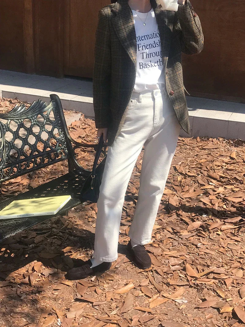 Vintage Wool Blends Coats Women Plaid Woolen Jacket Elegant Commute Blazer Korean Long Sleeve Outerwears Winter Ladies Overcoat