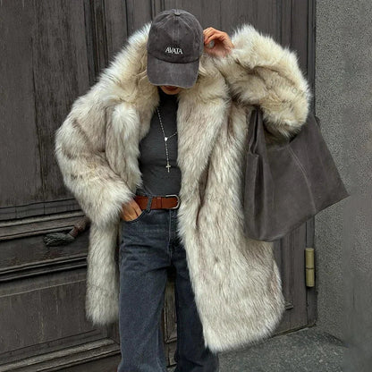 Luxury Brand Fluffy Faux Fur Jacket Women Winter Long Thicken Warm Gradient Fox Fur Coat Streetwear Furry Overcoat