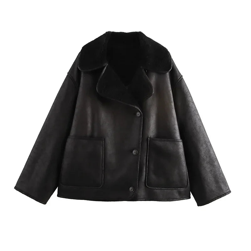 Women Double Sided Jacket Winter Casual Packet Faux Leather Jackets Single Breasted Lapel Female Coat New Commuter Outerwear
