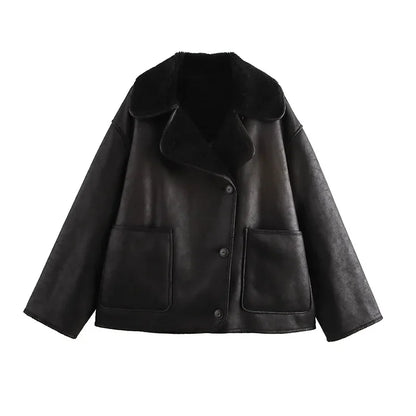 Women Double Sided Jacket Winter Casual Packet Faux Leather Jackets Single Breasted Lapel Female Coat New Commuter Outerwear