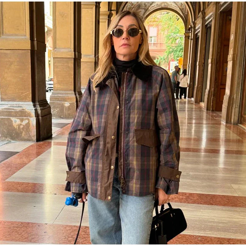 Vintage Plaid Printed Women Jacket Patchwork Turn Down Collar Single Breasted Female Coat Autumn Long Sleeve Zipper Outwear