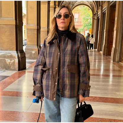 Vintage Plaid Printed Women Jacket Patchwork Turn Down Collar Single Breasted Female Coat Autumn Long Sleeve Zipper Outwear