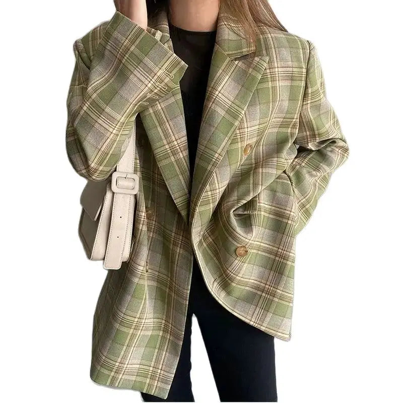 Blazer Double Breasted Plaid For Lapel Women Vintage 2024 Spring Chic Notched Collar Loose Female Suit Jackets