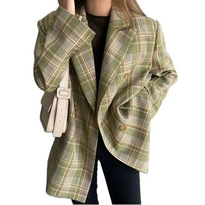Blazer Double Breasted Plaid For Lapel Women Vintage 2024 Spring Chic Notched Collar Loose Female Suit Jackets