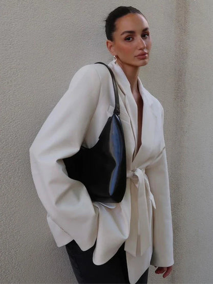 Women's Loose Waist Cinching Belt Full Sleeve Jacket Female Tailored Coat 2025 Chic Retro Elegant Lapel Suit Jackets Streetwear