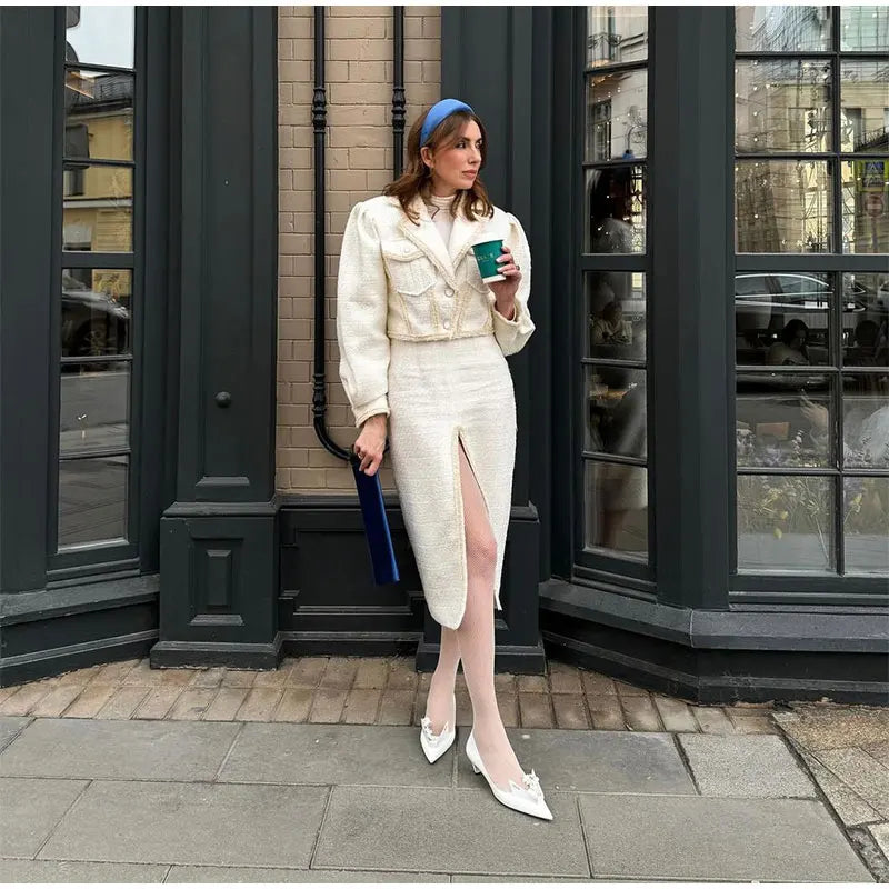 Elegant Tweed Lapel Jacket Shorts Set Women Retro Loose Short Coat Slit Slim Long Skirts Sets Lady New Chic Street Office Outfit