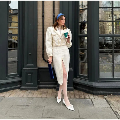 Elegant Tweed Lapel Jacket Shorts Set Women Retro Loose Short Coat Slit Slim Long Skirts Sets Lady New Chic Street Office Outfit
