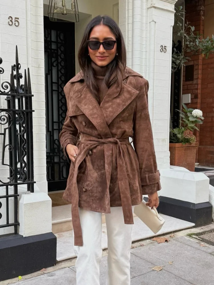 Autumn Fashion Lace Up Lapel Collar Suede Jacket Women Retro Double Breasted Long Sleeve Coat Lady Vintage Chic Windbreaker