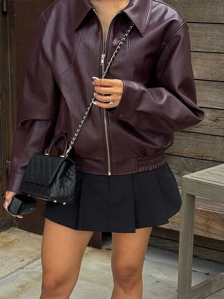 Solid Zipper Leather Jacket For Women Casual Turn-down Collar Long Sleeve Female Coat 2024 New Autumn Casual Ladies Outerwears