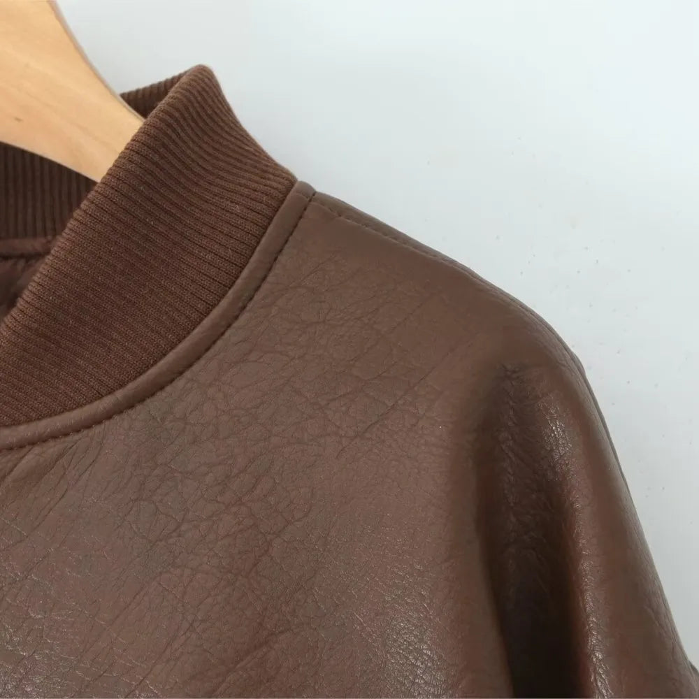 American Retro Women Rib V neck PU Leather Jacket Street Full Sleeve Zipper Bomber Quilted Coat High Waist Short Outerwear