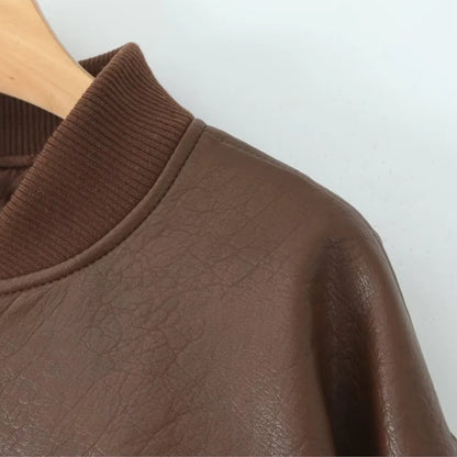 American Retro Women Rib V neck PU Leather Jacket Street Full Sleeve Zipper Bomber Quilted Coat High Waist Short Outerwear