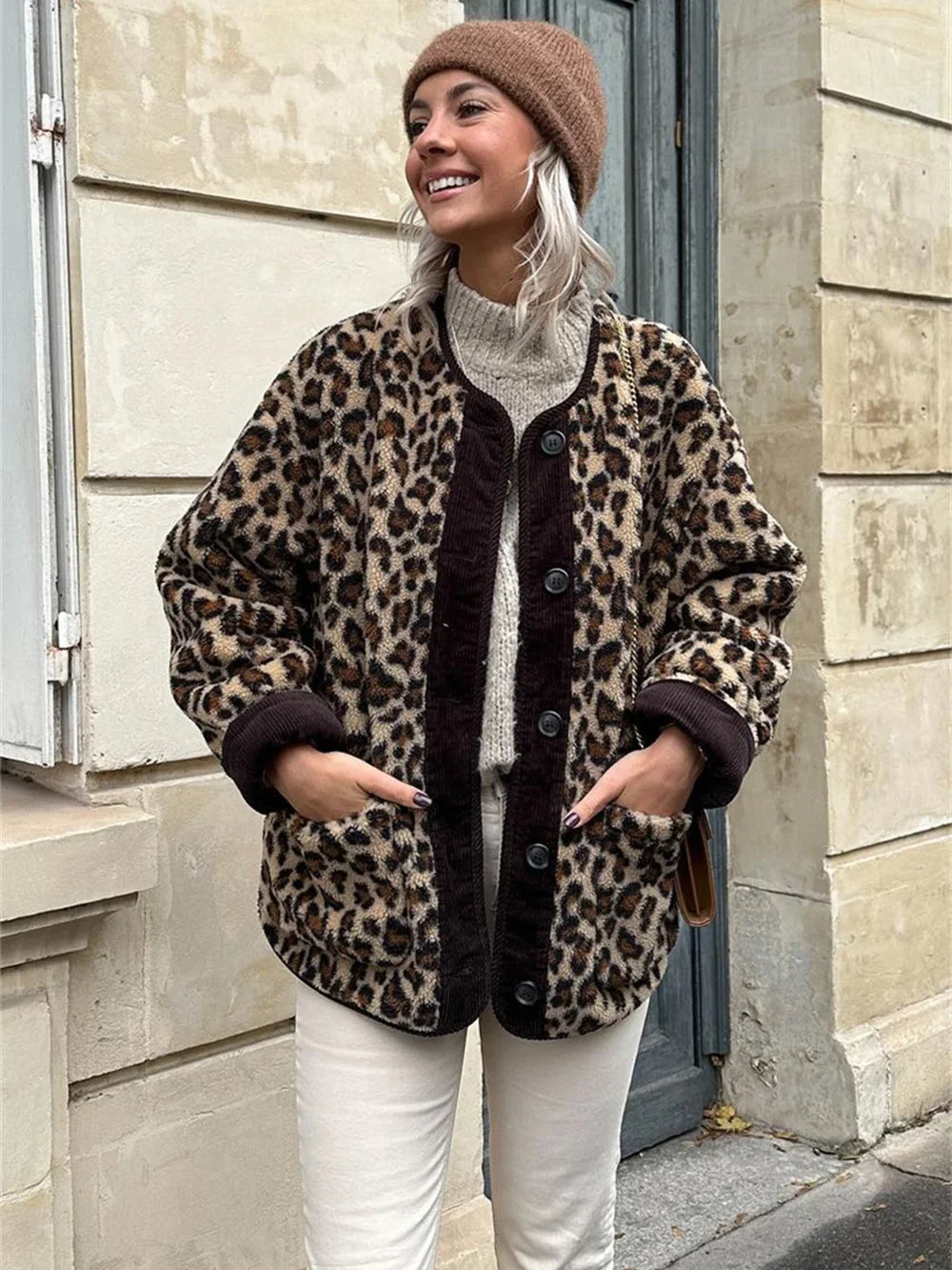 Women Fashion Jacket Winter Casual Ladies Commuter Leopard-print Lamb Wool Solid Jacket For Women's Outwears