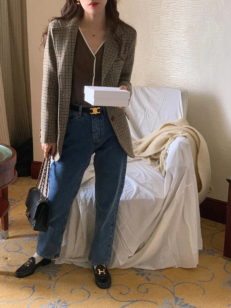 Vintage Wool Blends Coats Women Plaid Woolen Jacket Elegant Commute Blazer Korean Long Sleeve Outerwears Winter Ladies Overcoat