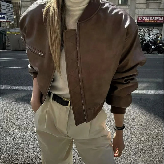 American Retro Women Rib V neck PU Leather Jacket Street Full Sleeve Zipper Bomber Quilted Coat High Waist Short Outerwear