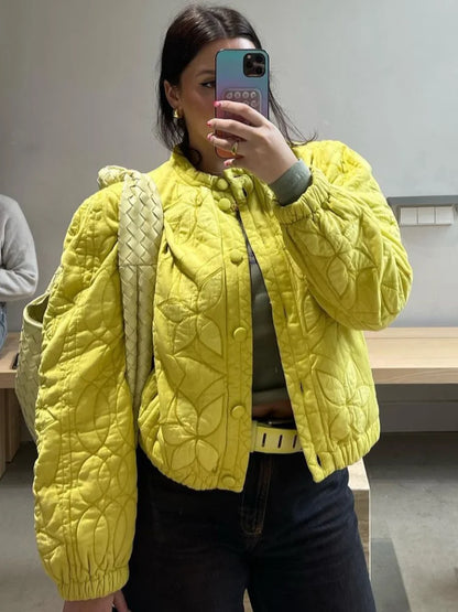 Autumn Winter Single Breasted Pocket Female Jacket Fashion Maple Leaf Women Padded Coat Chic New Lady Outerwear High Street