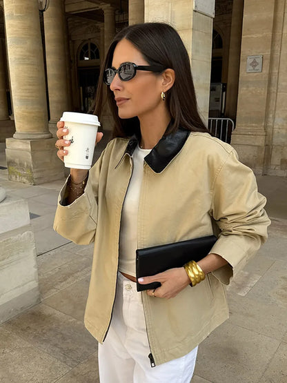 Leather Collar Cargo Jacket Coat Color Patchwork Lapel Button Zipper Pocket Workwear Outwear Loose Casual Minimalist Outwear Top