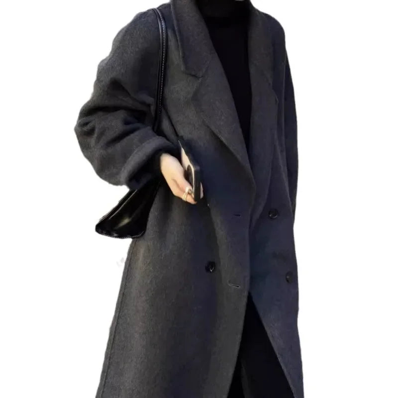 new Women Wool Blend Coat Solid Mid Long Woolen Blazer Thick Warm Blouse Women's Overcoat Office Lady Tops Autumn Winter