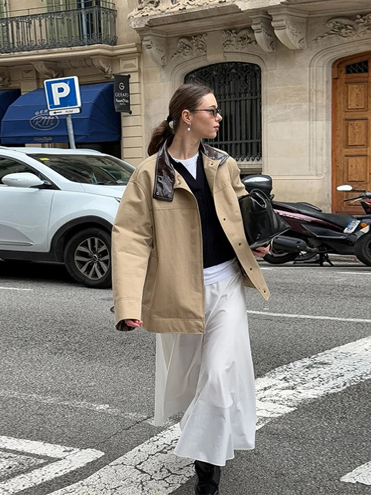 Leather Collar Cargo Jacket Button Down Plaid Pattern Patchwork Jackets Vintage Contrast Color Trench Coat Loose Casual Outwear