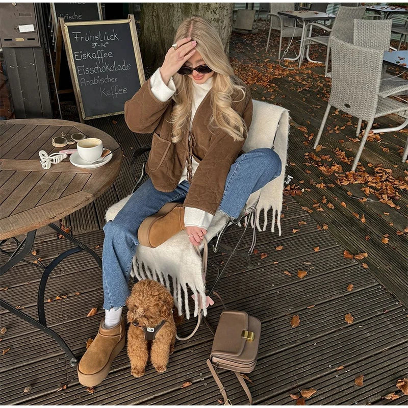 Brown Quilted Padded Suede Coat Women Long Sleeve Lace Up Cropped Jacket Autumn Winter Casual Lightweight New In Outerwears