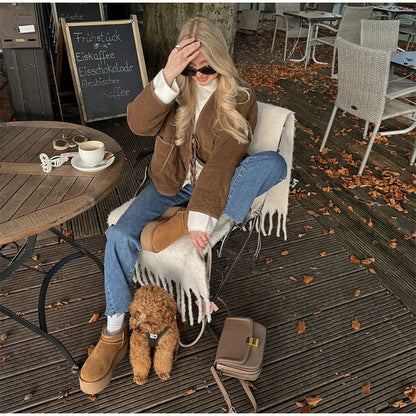 Brown Quilted Padded Suede Coat Women Long Sleeve Lace Up Cropped Jacket Autumn Winter Casual Lightweight New In Outerwears