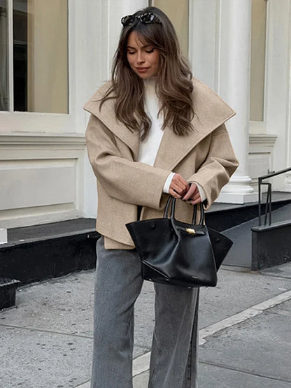 TAVIMART  -  Vintage Large Lapel Collar Short Coats Women Retro Casual Double-Breasted Pocket Coat Female Autumn Chic Loose Street Outwear