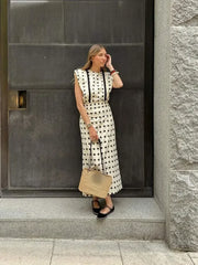 Elegant Printed Striped Flying O Neck Sleeve Tops Set Causal High Waist Long Slim Dresses Suits Summer Female High Street Outfit