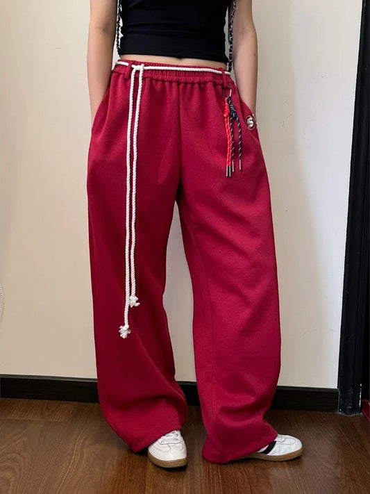 Y2k Kpop Red Sweatpants Women Baggy Harajuku Korean Hip Hop Style Wide Leg Jogger Pants Streetwear Oversized Aesthetic