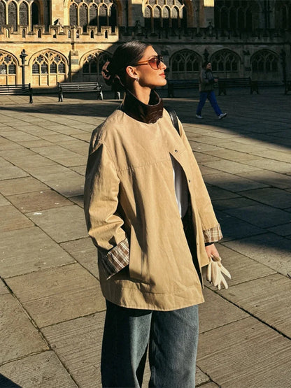 Leather Collar Cargo Jacket Button Down Plaid Pattern Patchwork Jackets Vintage Contrast Color Trench Coat Loose Casual Outwear