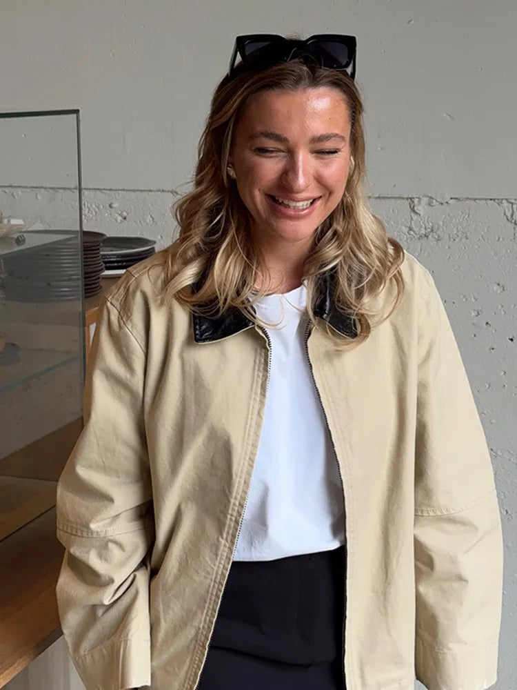 Leather Collar Cargo Jacket Coat Color Patchwork Lapel Button Zipper Pocket Workwear Outwear Loose Casual Minimalist Outwear Top