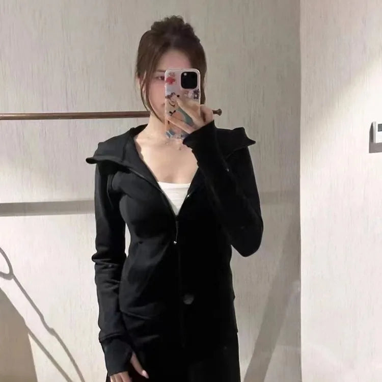 Autumn New Cardigan Coat Women Y2k Slim Fit Black Hooded Sweatshirt Fashion All-match Long Sleeve Zipper Tops Mujer Jacket