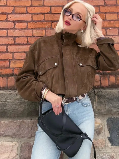 Zipper Suede Cargo Jacket Coat Button Lapel Maillard Slimming Workwear Leather Jackets Casual Short Outwear Commute Overcoat