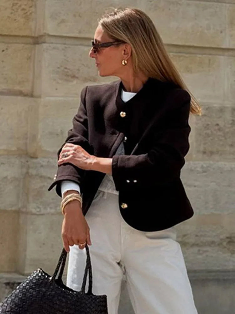 TAVIMART  -  Elegant Solid O-neck Plush Short Coats Women Retro Slim Fit Single Breasted Jackets Female New Spring Chic Office Outwear