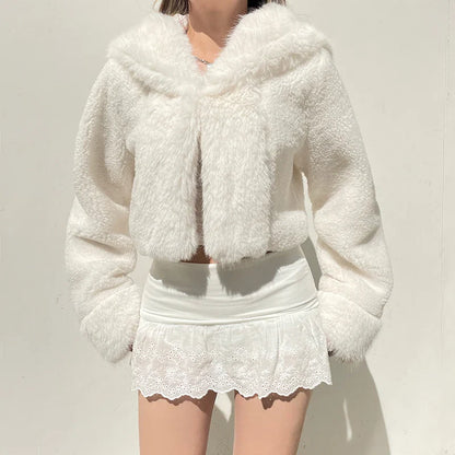 Faux Fur Hooded Coat Women Fashion High Street Fluffy White Snow Jacket Winter Warm Slim Outwear Stylish Lady Outfits