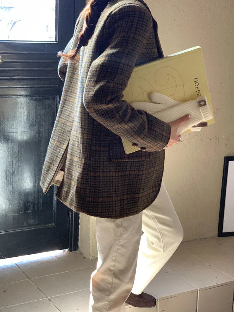 Vintage Wool Blends Coats Women Plaid Woolen Jacket Elegant Commute Blazer Korean Long Sleeve Outerwears Winter Ladies Overcoat