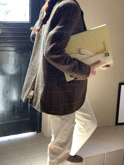Vintage Wool Blends Coats Women Plaid Woolen Jacket Elegant Commute Blazer Korean Long Sleeve Outerwears Winter Ladies Overcoat