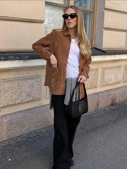Vintage Suede Women's Jackets Casual Turn-down Collar Female Coat 2024 Autumn Fashion Single Breasted Lady Jacket Outwear