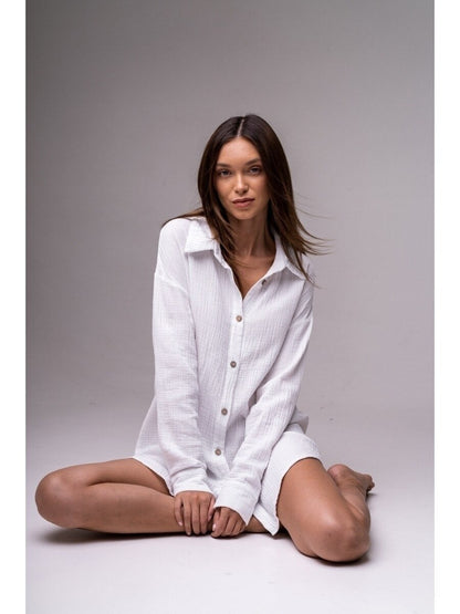 White Button Shirt Dress Homewear Comfort Casual Dress Long Sleeve Single Breasted Lapel Sexy Mini Length New