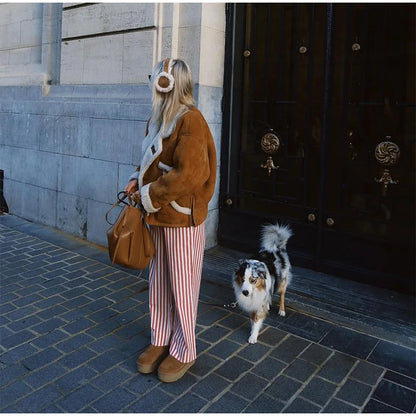 Fashion Lamb Woolen Spliced Warm Coat For Women Vintage Side Buttons Lapel Full Sleeve Jackets Lady Autumn Winter Thick Outwear