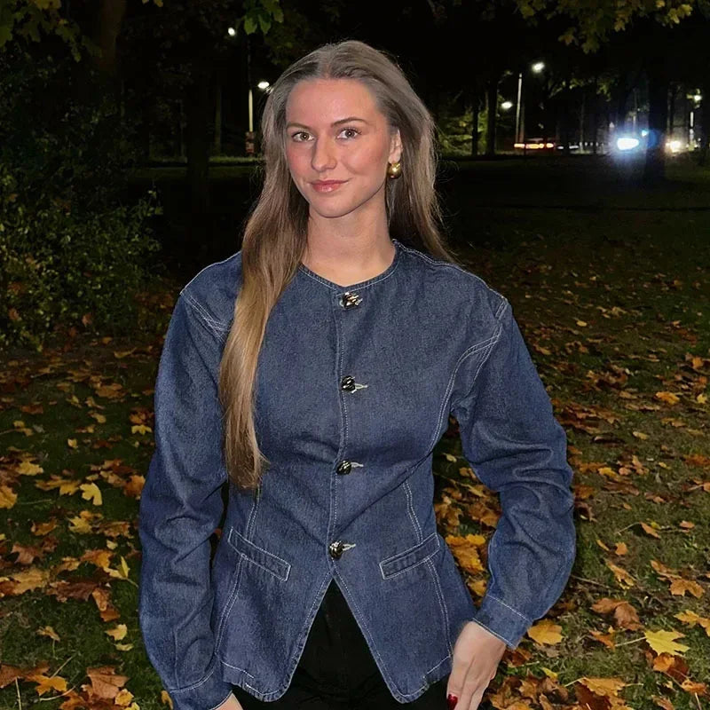 TAVIMART  -  Fashion Y2K Denim Jacket For Women 2025 Spring Elegant O-neck Single Breasted Coat Female Chic Street Long Sleeve Lady Outerwear