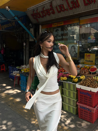 Women Sleeveless Tie Neck Plain Top JERSEY TOP WITH BOW Ruched V-neck Knot Detail Tank Top