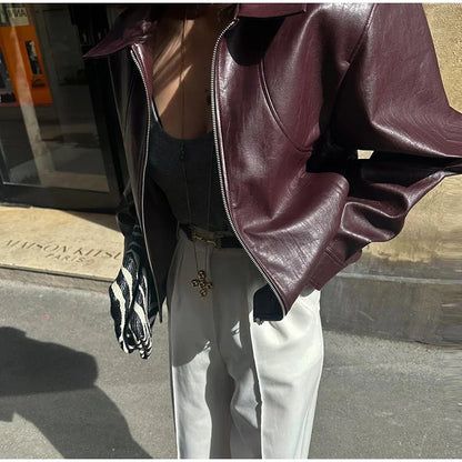 PU Leather Women Jackets Coats Casual Turn Down Collar Long Sleeve Zipper Female Motorcycle Top Coat Autumn Vintage Outwear