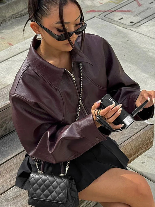 Solid Zipper Leather Jacket For Women Casual Turn-down Collar Long Sleeve Female Coat 2024 New Autumn Casual Ladies Outerwears