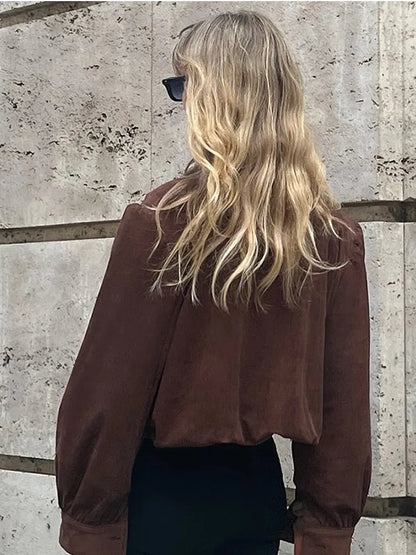 Retro Brown Suede Short Jacket Elegant Women Stand Collar Full Sleeves Single Breasteds Loose Coats Autumn Chic Lady Street Wear