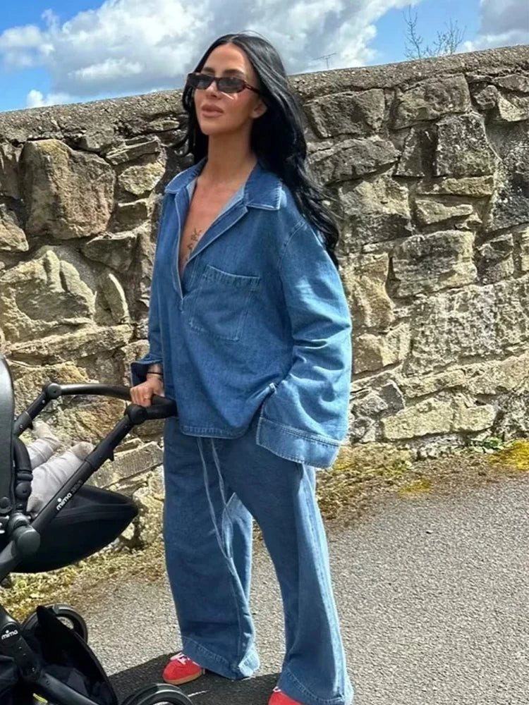 Denim Jacket Pants Set Outfits Women Autumn Winter Blue Pockets Loose 2 Pcs Set Casual Female Matching Set Retro